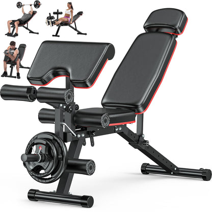 XDDIAS Workout Bench, Adjustable Weight Bench with Leg Extension and Leg Curl, Extended Headrest, 900LBS Preacher Curl Bench Incline Decline Flat Workout Bench for Home Gym Full Body Exercise