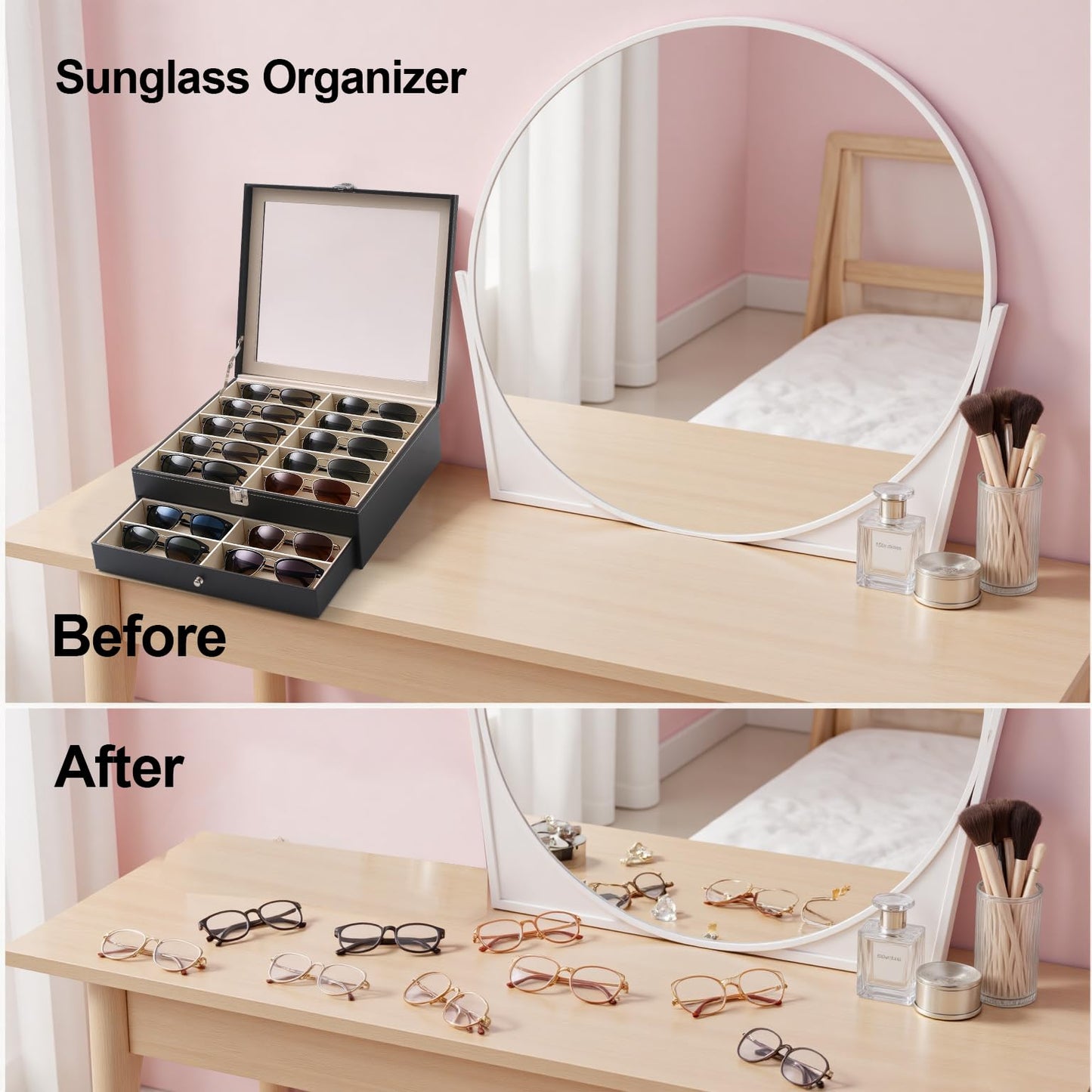 Luckybell 20 Slots PU Leather Sunglasses Organizer Jewelry Box,Multiple Pairs of Large Sunglasses Case Holder with Clear Lid