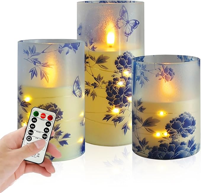 Flameless Candles with String Lights - Set of 3 Chinoiserie Battery Operated Candle Flickering Floral LED Pillar Candles with Timer Remote for Home Decor Romantic Ambiance