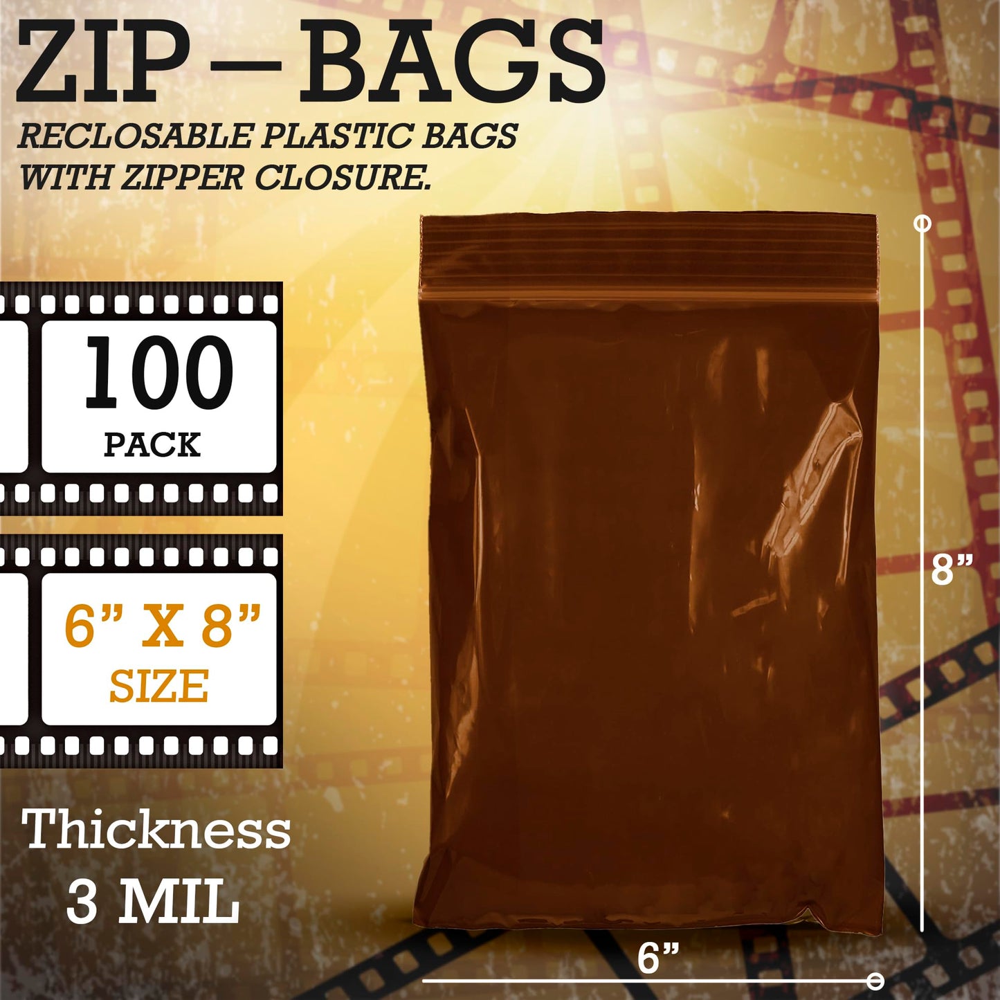 APQ Supply Storage Bags with Zipper, Amber 6 x 8 in, 3 Mil LDPE, Reclosable Zip Closure, Opaque Light-Reducing Poly Bags for Storage, Packaging and Shipping, 100 Count