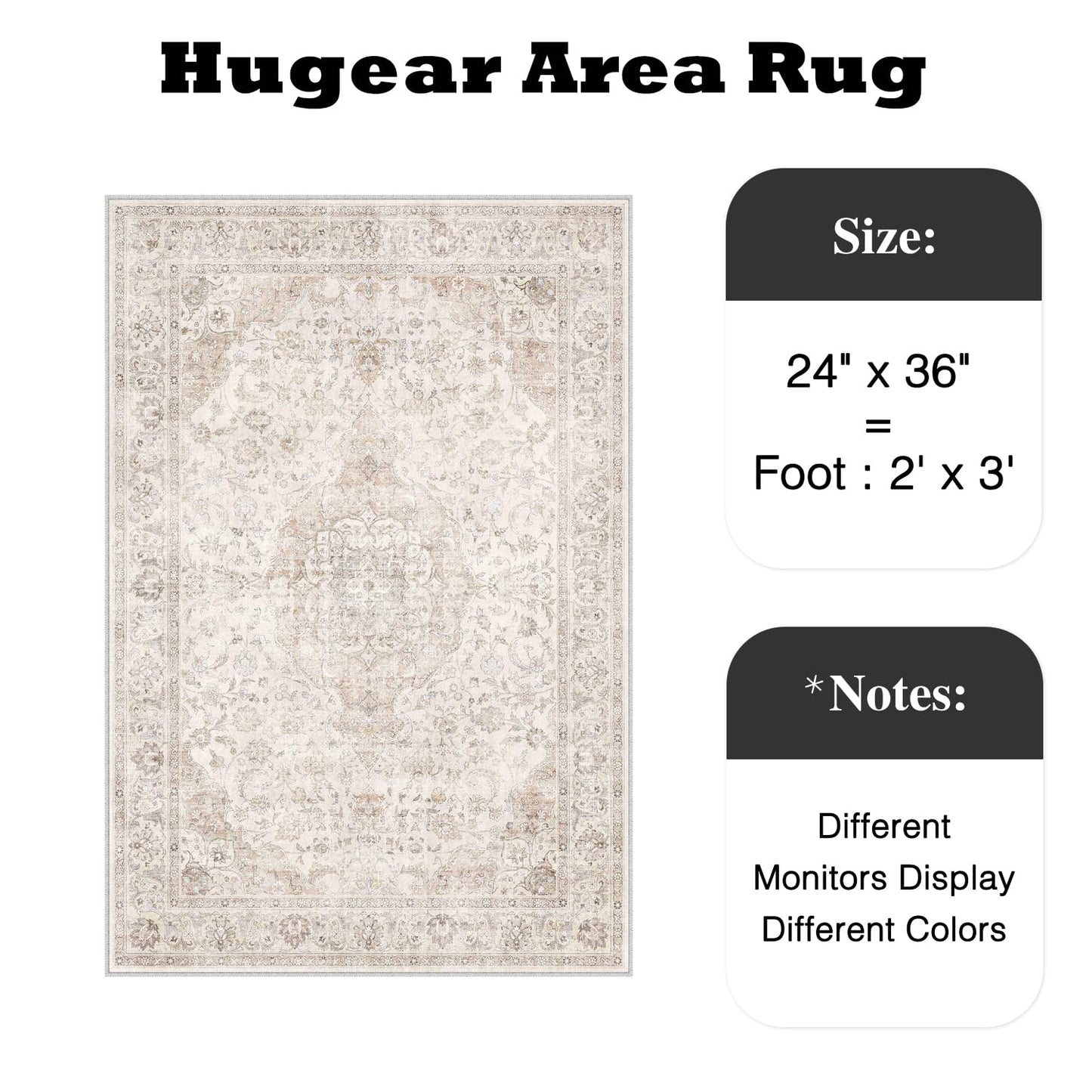 HUGEAR 2x3 Entryway Area Rug Vintage Beige Small Rug Machine Washable Door Mat Neutral Floral Low Pile Carpet Vacuumable Thin Throw Rug Entrance Kitchen Bathroom Bedroom Non Slip Lightweight