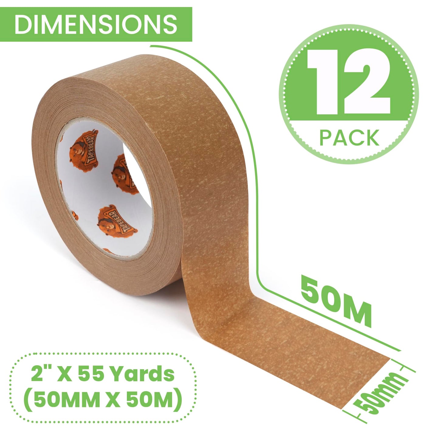 TAPEBEAR Eco-Friendly Kraft Paper Tape, Biodegradable Heavy Duty Packing Tape 2Inch x 55Yard, Recyclable Packaging Tape Self Adhesive Box Tape for Shipping, Sealing, Moving & Masking, 12Rolls