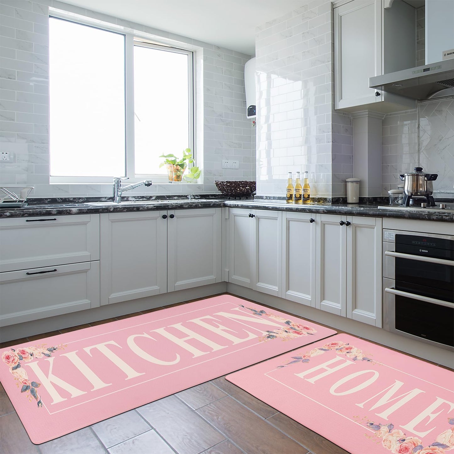 PCSWEET HOME Floral Kitchen Mat Sets 2PCS Non Skid Waterproof Kitchen Rugs and Runner Sets Cushioned Anti-Fatigue Comfort Mat for Home,Office Memory Foam Kitchen Rug, 17.3"x30"+17.3"x47", Pink