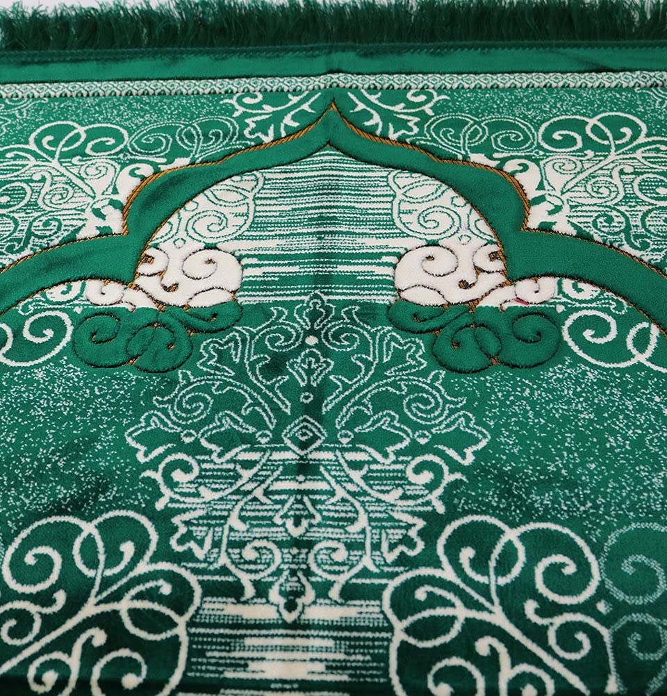 Modefa Prayer Mat | Turkish Velvet Muslim Prayer Rug Muslim Prayer Mat Islam | Soft Beautiful Prayer Rug Janamaz Sajjadah with Car Hanger | Classic Elegant Swirl (Green)