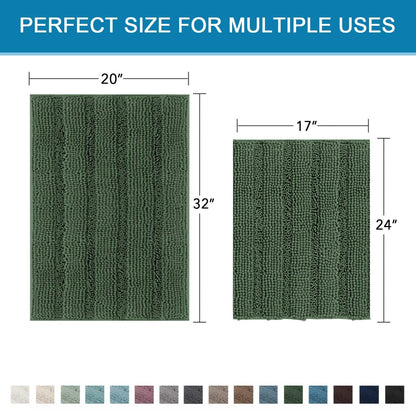 H.VERSAILTEX Extra Thick Chenille Striped Pattern Bath Rugs for Bathroom Non Slip - Soft Plush Shaggy Mats Floor, Indoor Entryway (Bronze Green, 32 x 20 Plus 24 17 Inches)