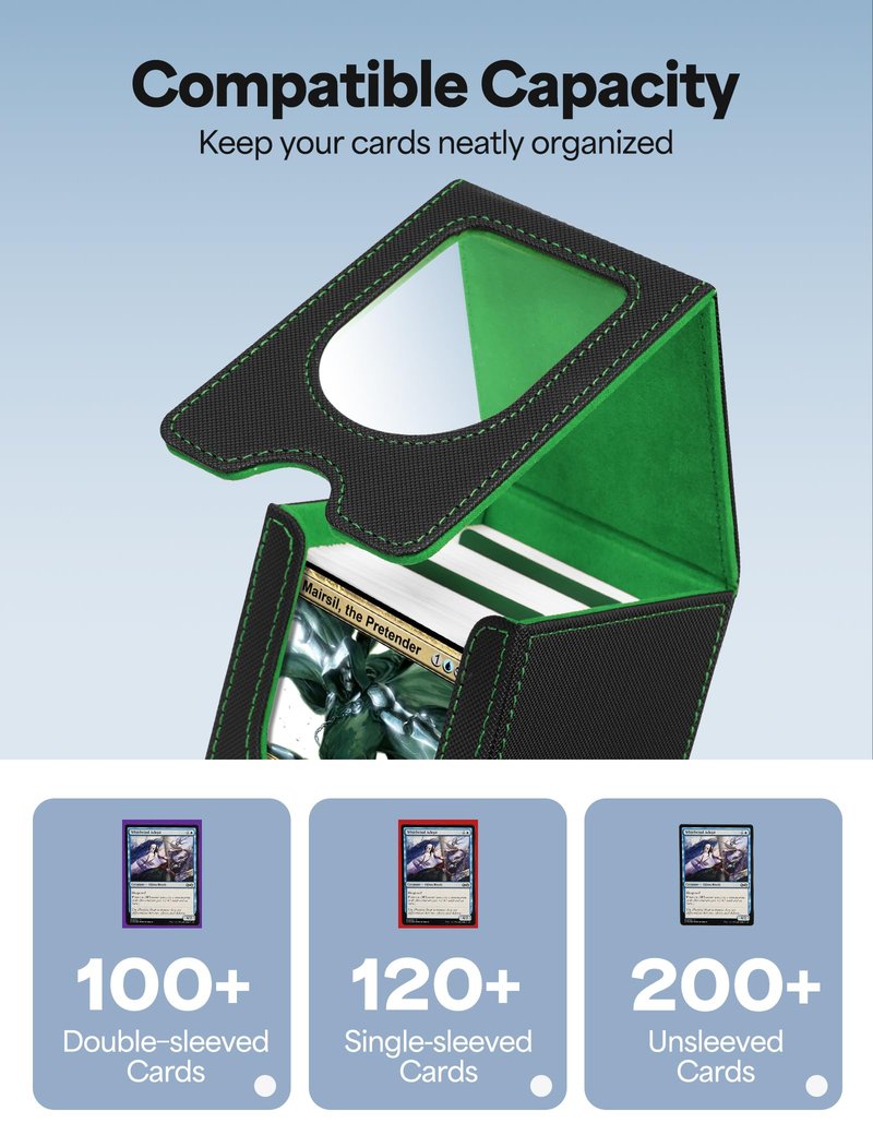 banloga Card Deck Box for MTG Commander, Card Case Holds 100+ Double-Sleeved Cards, Magic Card Box Fits for TCG/PTCG/CCG Card with 2 Dividers (Black&Green)