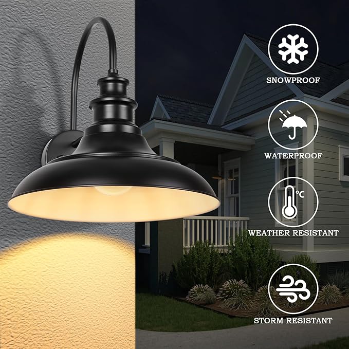 Outdoor Barn Light Fixtures, 12.3 Inch Large Dome Farmhouse Exterior Wall Mount Lights, Gooseneck Wall Sconce Indoor Wall Lighting, Industrial Black White Finish Lanterns for Porch, RZ004-4 BK+WH