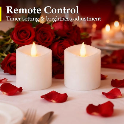Flickering Flameless Candles Battery Operated with Remote Timer - Realistic 3D Moving Flame Candles, 600+ Hours Long-Lasting White LED Wax Candles for Wedding Home Decor, 3x3 Inch Set of 2
