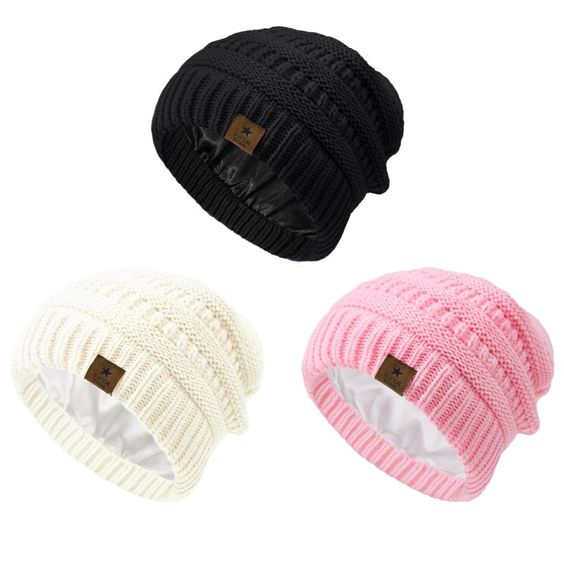 Century Star 3 Pack Baby Winter Hat Satin Lined Baby Beanie for Boys Girls Warm Knit Infant Toddler Hats Cap Black&White&Pink 6-36 Months