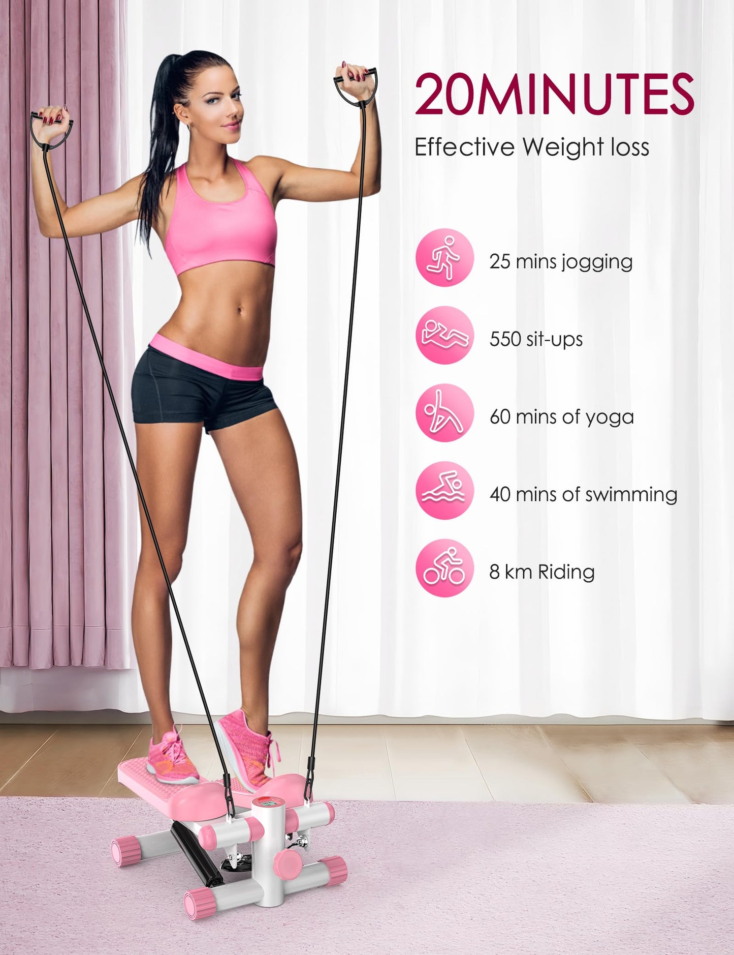 KitGody Steppers for Exercise at Home, Stair Stepper with Resistance Bands 330LBS Capacity, Pink Mini Stepper for Home Full Body Workout