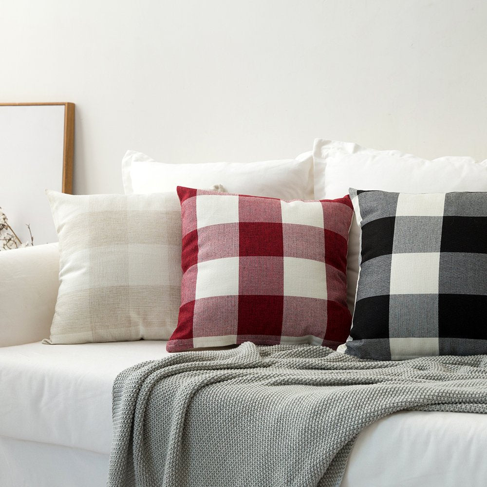 MIULEE Pack of 2 Christmas Classic Farmhouse Buffalo Check Plaids Linen Soft Soild Decorative Square Porch Throw Pillow Covers Home Decor Cushion Case for Sofa Bedroom 18x18 Inch, White and Red