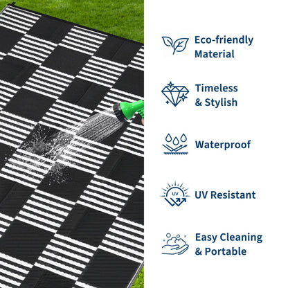 Garvee Waterproof Outdoor Rug 5x8, Checkered Foldable Plastic Straw Patio Camping Rug, Outdoor RV Carpet for Deck Camper Porch Balcony Backyard Picnic Beach Black and White
