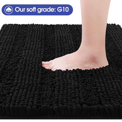 ACCUMTEK Striped Black Bathroom Rug Mat 32"x20" Ultra Soft, Non Slip Chenille Bath Rugs, Absorbent Plush Shaggy Bath Mats for Bathroom, Bedroom, Kitchen, Shower, Tub