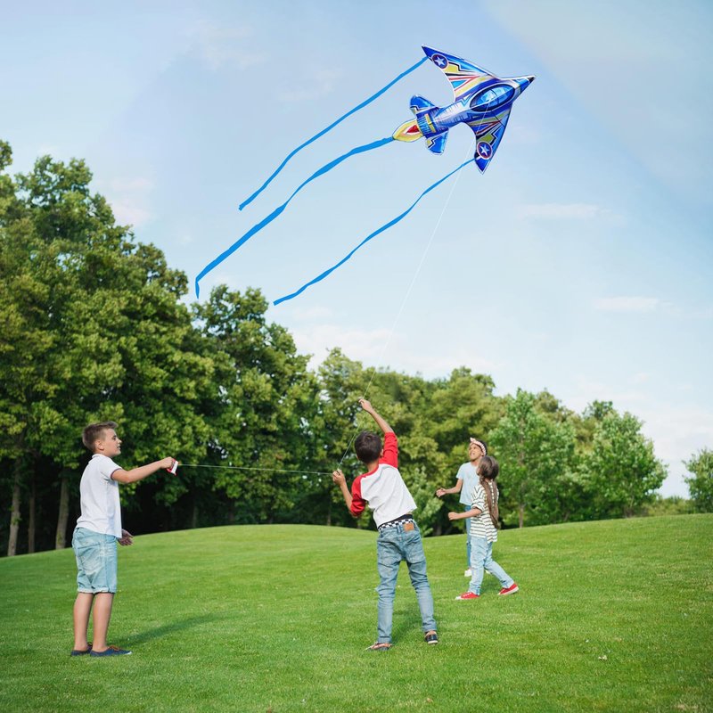 SGftre Airplane Kite for Kids and Adults, Easy to Fly with Durable Fiberglass Frame, Outdoor Fun Sports Plane Kite with Handle and Line Good Flying (Fighter Plane-Blue)
