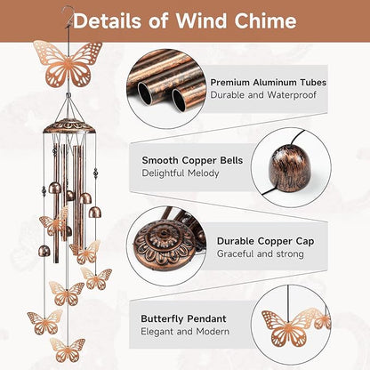 Butterfly Wind Chimes for Outside,41" Metal Windchimes, Housewarming/Halloween/Festival/Memorial Gifts for Women/Men, Butterfly Decorations for Outside, Patio, Garden or Yard