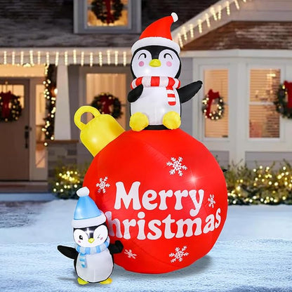 Vigdur Christmas Penguin Inflatable, 6FT Xmas Blow Up Holiday Ball Decoration with LED Lights, Outdoor Christmas Penguin Decoration for Yard Garden Lawn Winter Holiday Supplies Décor