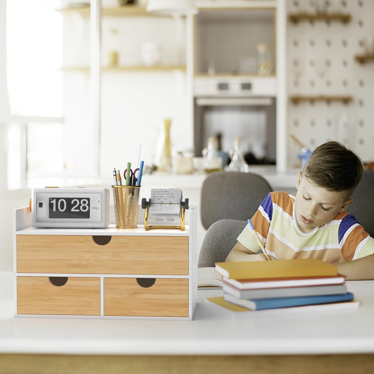 Desk Organizer with Drawers - Bamboo Desktop Organizer Storage | White-Natural Wood Desk Drawers Organizer for Bills, Office Supplies, Cosmetics, Seals No Assembly Required
