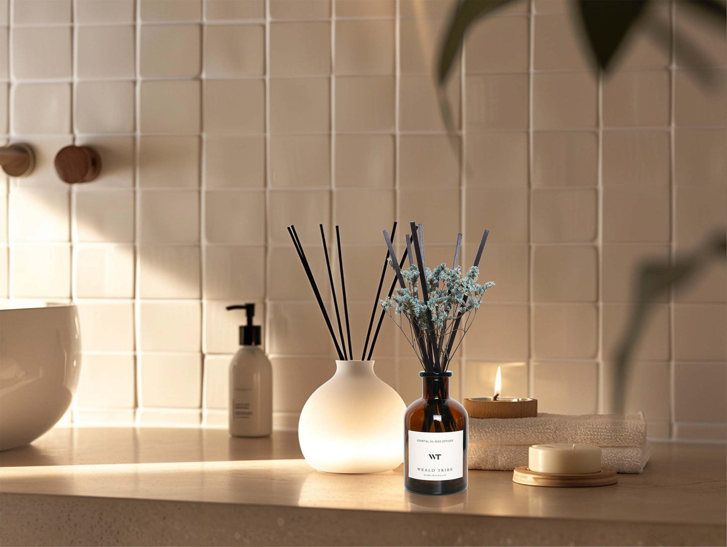 WEALD TRIBE Flower Reed Diffuser Set Vanilla Cinnamon Scent for Bathroom Air Fresheners | 4.0 fl oz Essential Oils with Sticks Home Fragrance Defusers | House Bedroom Office Shelf Decor & Gift
