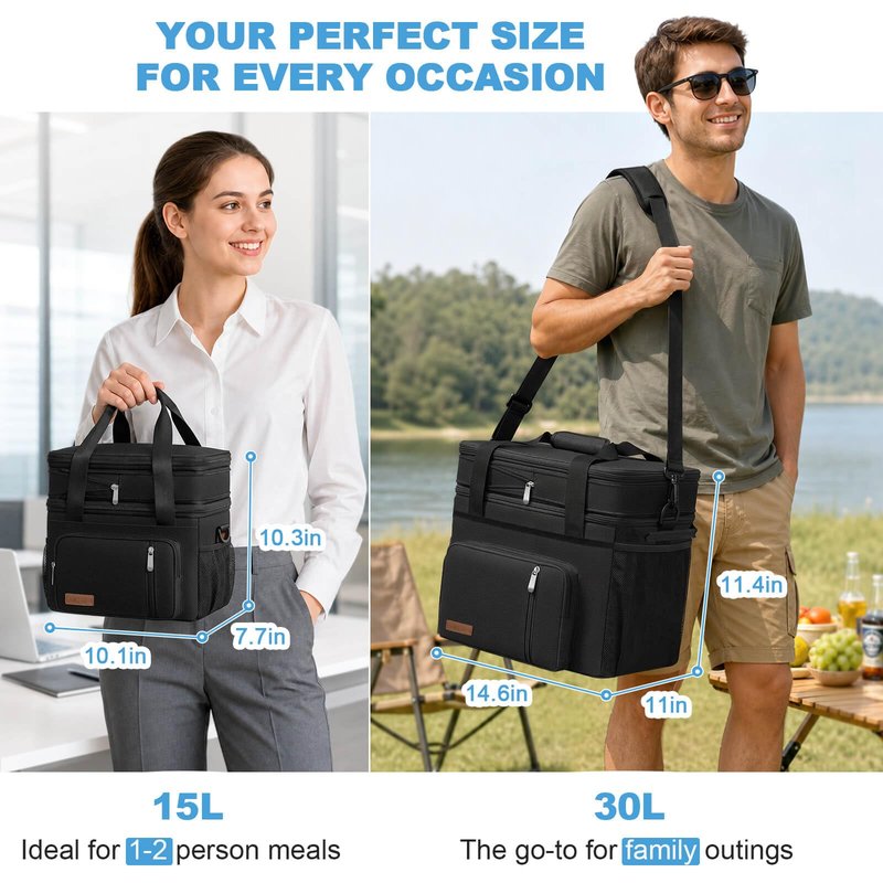 MIYCOO Lunch Bag & Lunch Box for Men Women, Double Deck Leakproof Insulated Soft Large Adult Camping Cooler bag for Work, Beach, Picnic, Travel (Black, 15L)