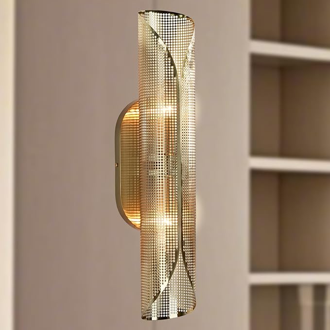 21.6 Inch Curved Perforated Double Wall Sconce, Hand-Made Aged Brass Metal Wall Mounted Light Over Mirror, Luxury Wall Light for Bedroom, Elegant Light Fixture for Indoor