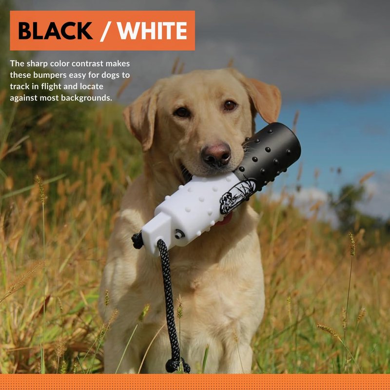 HuntEmUp 3" Plastic Dog Training Bumper – Knobby Retrieving Dummy for Retriever & Hunting Dog Training – Floating Water Training Dummy – Half Black/Half White (6 Pack)