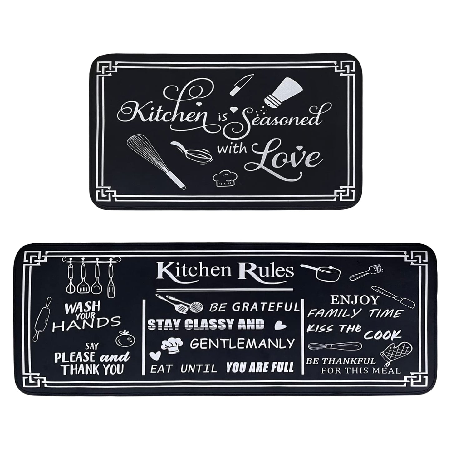 Voanos Black and White Kitchen Rugs,Non Skid Washable Microfiber mats for Kitchen Floor,Kitchen Rules Theme Cushioned Runner Rug Decor Sets of 2,Size 17"x 47"+17"x 30"