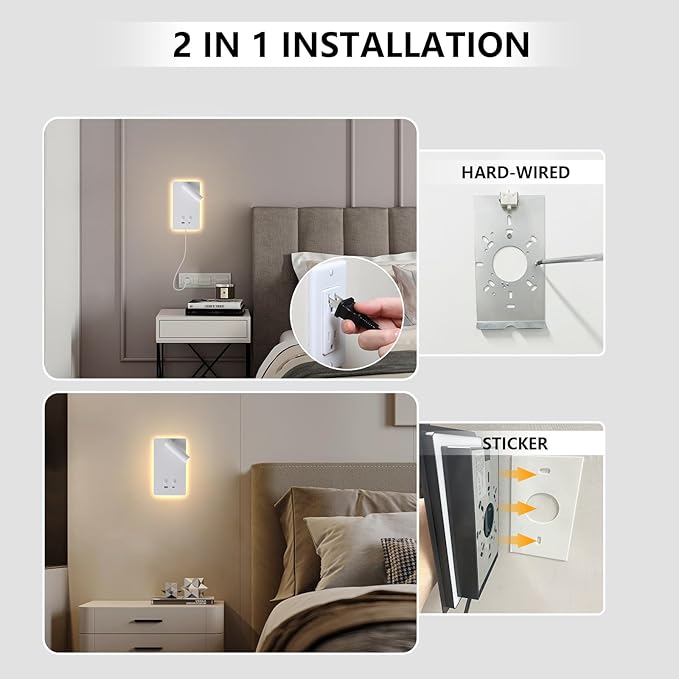Dimmable Wall Mounted Reading Light for Bed, LED Wall Lamps with USB C+A Ports, Hardwire & Plug in 2 in 1 Wall Sconces with Switch, Eye-Caring Bed Side Lamp with 9W+3W Backlight 3000K (2 Pack)