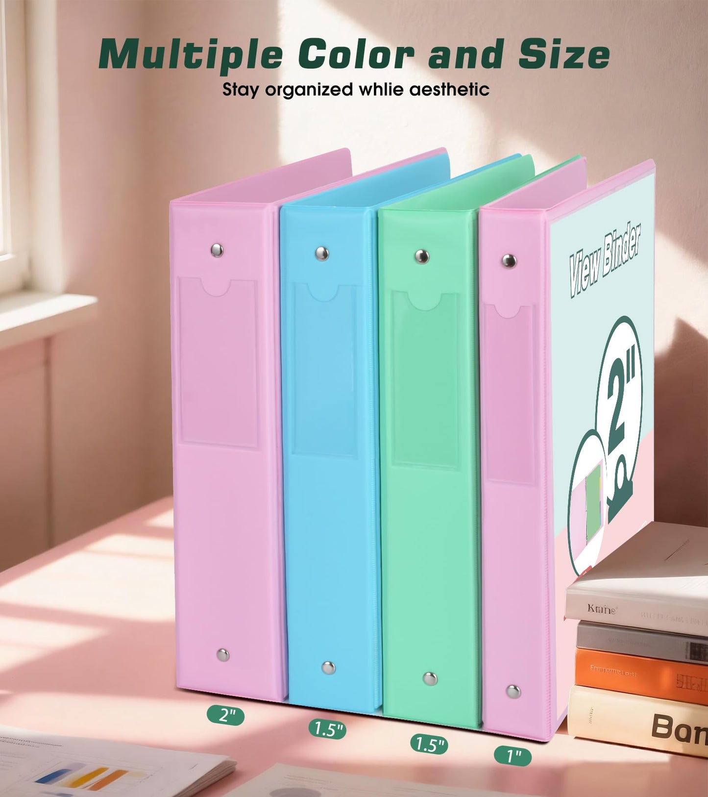 3 Ring Binder 2 inch，Cute Binder Organizer with 5 Tab Dividers Fits 175 Sheets of 8.5x11 Paper, Customizable Clear Cover with Inside Pockets, Aesthetic 2" Three Ring Binders for School Office，Green