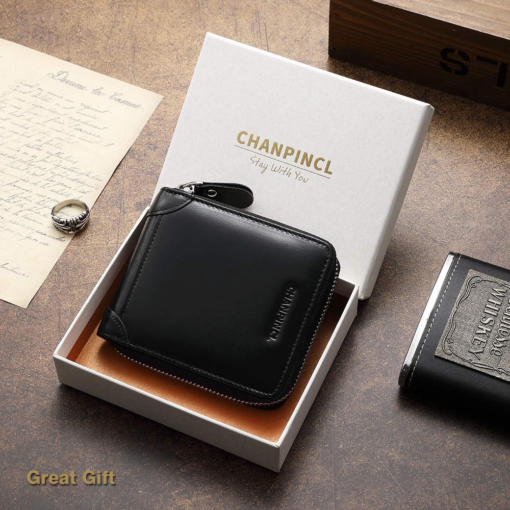 Mens Genuine Leather Zipper Wallet RFID Secure Large Capacity Double Fold Multi-card Leather Wallets for Men and coin purse (Oil wax black)