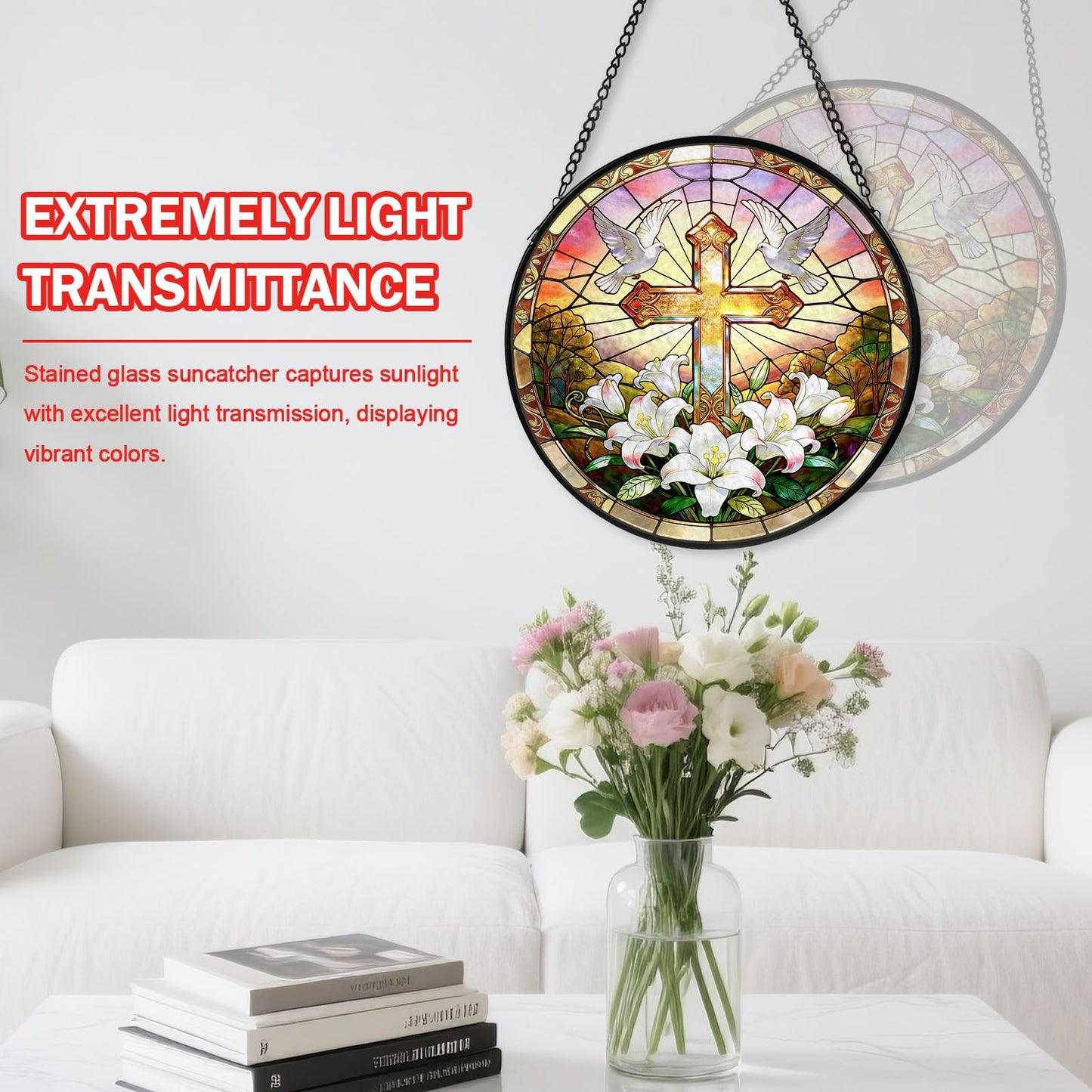 Cross Stained Glass Window Hanging, Flower Suncatcher Diamond Glass Panel Hangings, Sun Catchers Indoor Windows Wall Art Decor, Pastor Christian Gift, for Home Office 7.87 inches