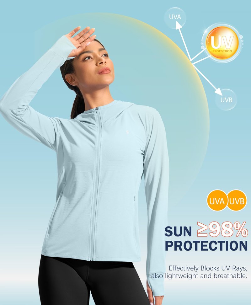 Soothfeel Women's UPF 50+ Sun Protection Hoodie Jacket Lightweight Long Sleeve Sun Shirt for Women with Pocket Hiking Outdoor Light Blue 3XL
