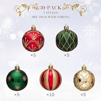 JORNOY Christmas Balls Ornaments, 30ct Shatterproof Xmas Tree Decorations, Hanging Bulbs Baubles Set with String for Holiday Home Party Decor, 2.36 inch/60mm, Red & Green & Gold