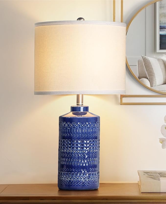 24.5" Navy Blue Table Lamp Modern Bedside Ceramic Lamps for Living Room 3-Way Dimmable Entryway Nightstand Farmhouse Lamp for Home Office Bedroom, Bulb Included