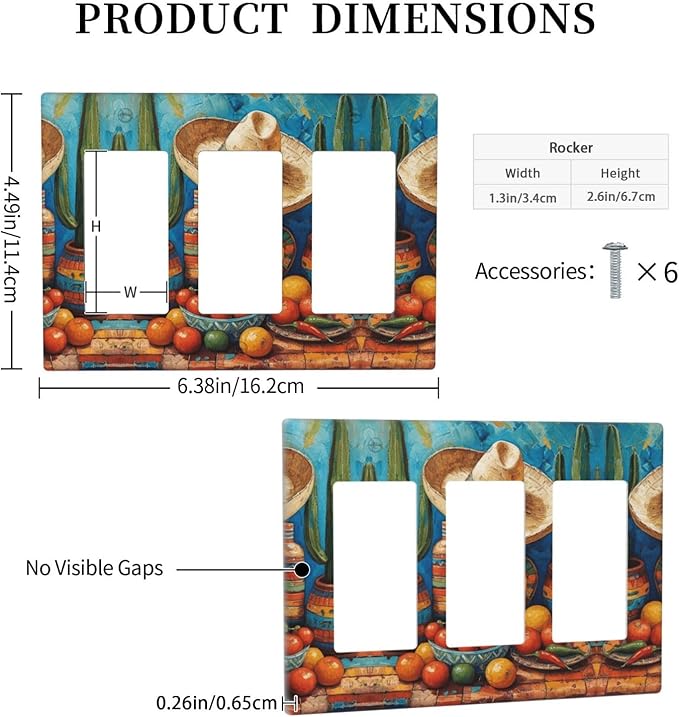 Decorative Art Light Switch Covers Mexican Sombrero & Serape Vibes 3 Gang Triple Rocker Outlet Switch plate GFCI Faceplate GFCI for Home Decor