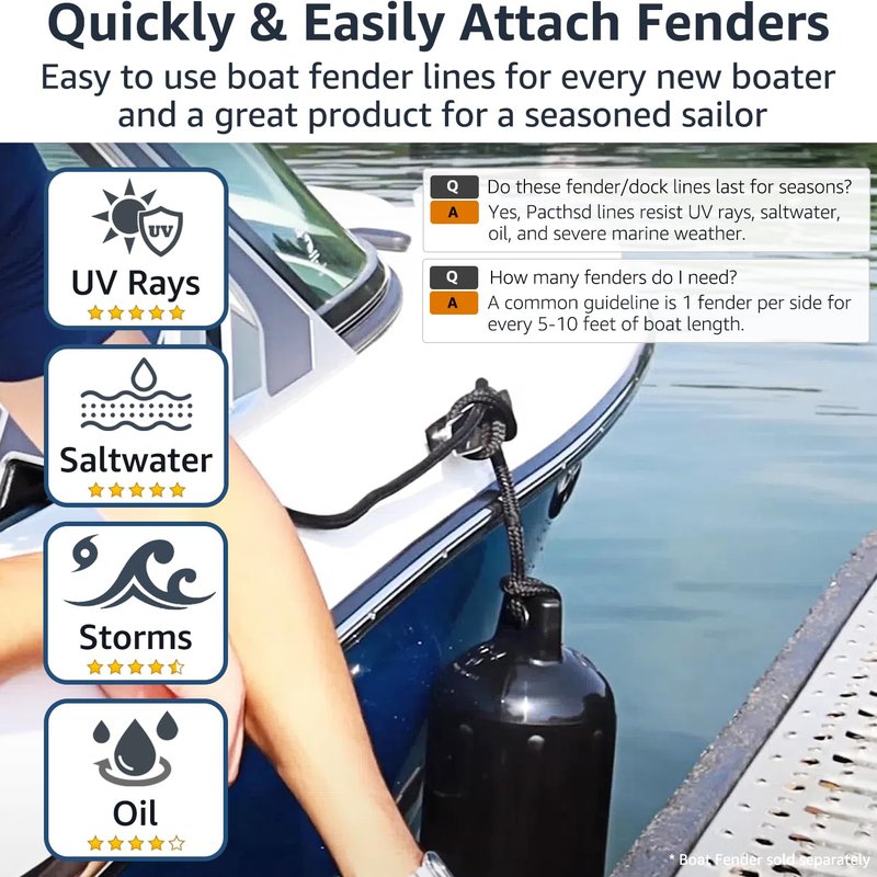 PACTHSD 4 Pack 3/8 Inch x 10 ft Boat Fender Lines - Marine Grade Nylon Boat Rope with 6" Loop for Tying Fenders and Docking - Double Braided Dock Lines, Easy Handling, Fray Resistant, Black