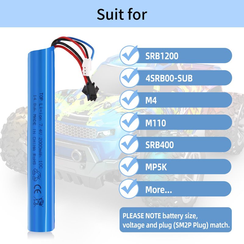 Tosiicop Airsoft Gel Blaster Battery - 7.4V 2000mAh Splatter Ball Batteries for SRB1200 SRB400 SRB400-SUB MP5K M4 M110 SM2P Plug Water Bead Airsofts with RechargeableUSB Charger 2 Pack
