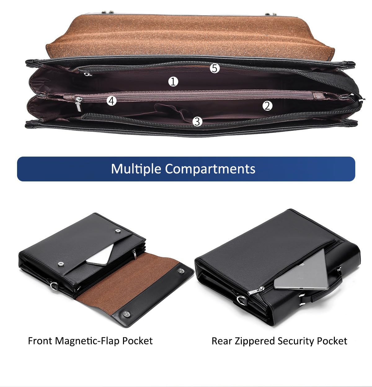 Men‘s 14” Laptop Briefcase, Handheld & Crossbody Bag with Detachable Shoulder Strap, Multiple Compartments, Water-Resistant (Brown)