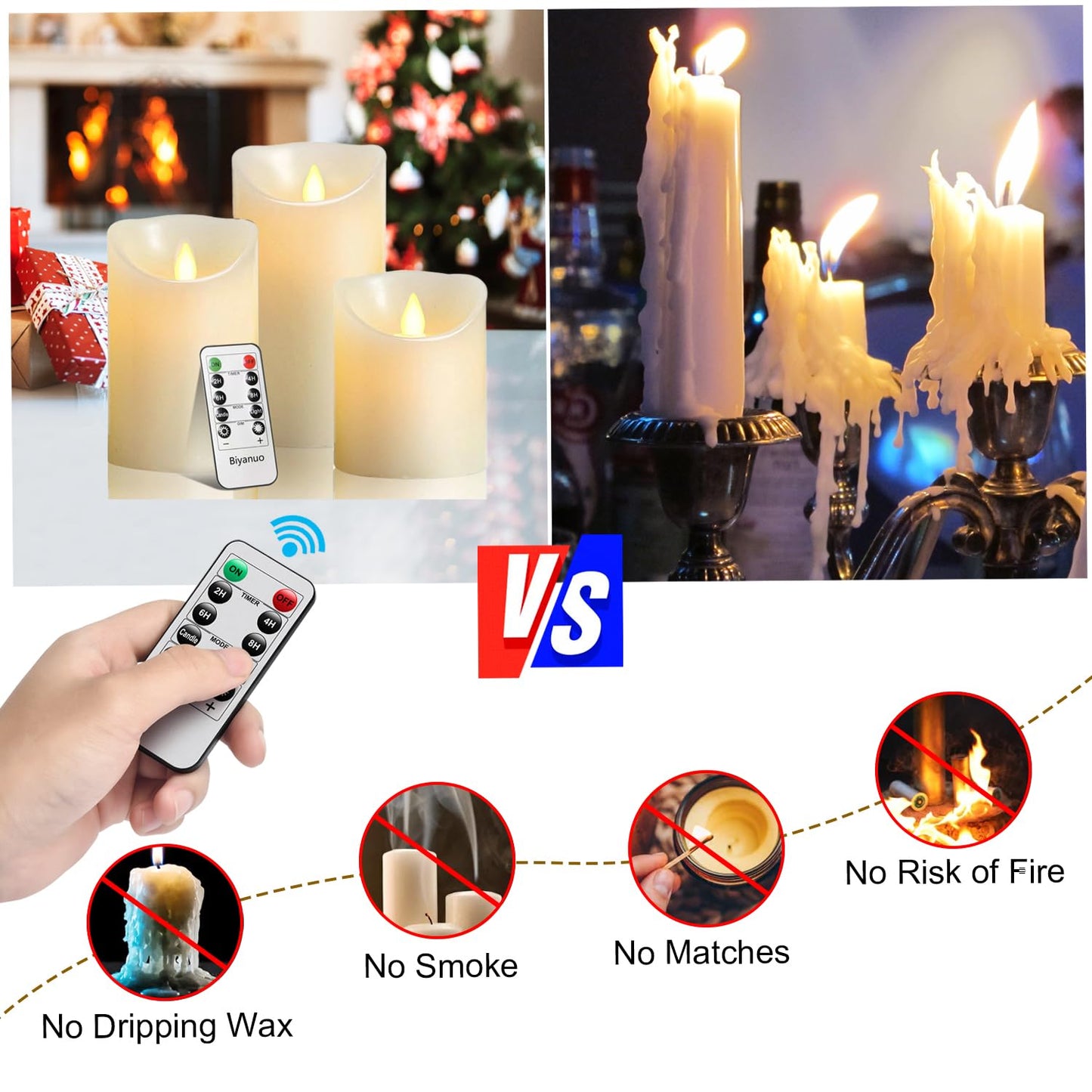 Biyanuo Flameless Battery Operated LED Candles with10key Button Remote Control 24-Hour Timer Set of 3 Electric Flickering Pillar Real Wax，Wedding, Party, Christmas and Home Decoration