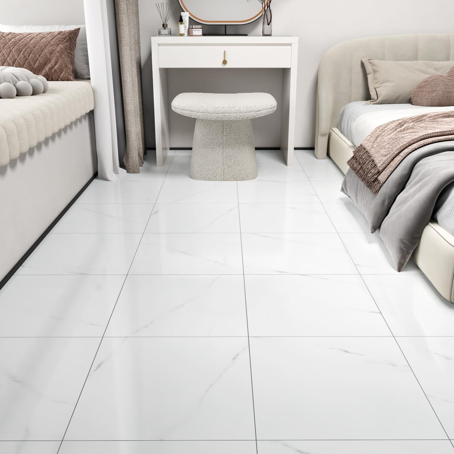 Wallercity 18PCS Glossy Marble White Peel and Stick Floor Tile Self Adhesive Bathroom Waterproof Stick on Floor Tile 12x12 Inch Sticky Tiles for Bedroom Living Room Kitchen Linoleum Flooring Sheets
