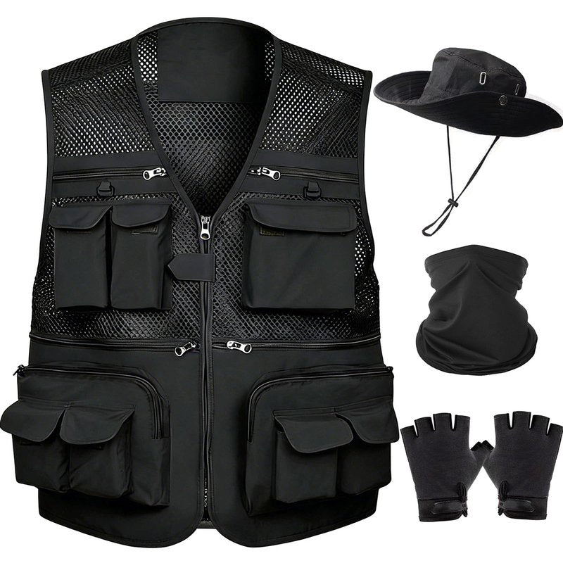 HUNTURE Mens Fishing Vest, Black Mesh Vest and Hat Gloves Cooling Neck Gaiter Set for Hiking Travel, Multi Pocket Summer Safari Vest