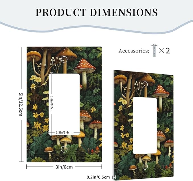 Mushrooms Forest Nature Botanical Art Single Decora Outlet Wall Plate 1 Gang Rocker Decorative Switchplate Faceplate GFCI Light Switch Covers for Farmhouse Living Decor