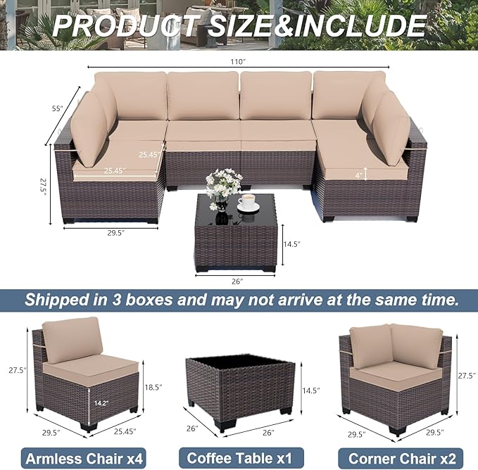 ALAULM 7 Pieces Patio Furniture Set with Coffee Table, Outdoor Sectional with Thick Cushion, All Weather Wicker Rattan Conversation Set for Backyard, Garden, Deck, Sand