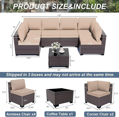 ALAULM 7 Pieces Patio Furniture Set with Coffee Table, Outdoor Sectional with Thick Cushion, All Weather Wicker Rattan Conversation Set for Backyard, Garden, Deck, Sand