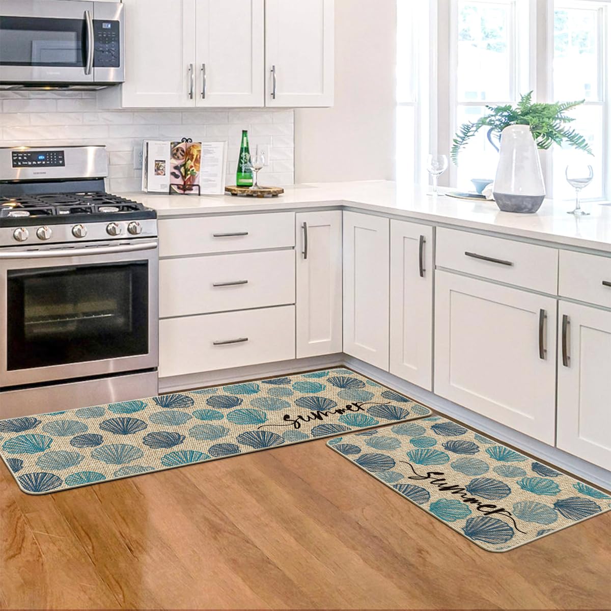 Artoid Mode Blue Shell Conch Summer Kitchen Mats Set of 2, Seasonal Sweet Home Decor Low-Profile Kitchen Rugs for Floor - 17x29 and 17x47 Inch
