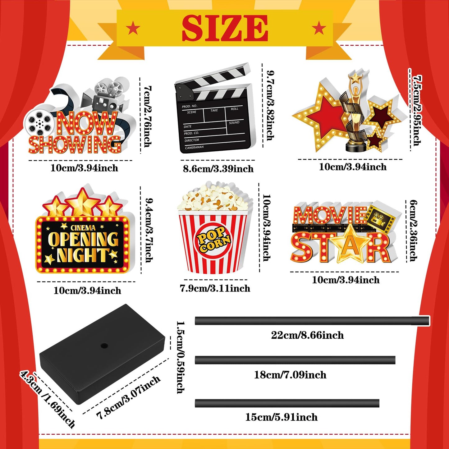 Briwooody 6 Pcs Movie Night Wooden Sign Set Movie Party Decorations Star Video Props Table Centerpiece Tall Standing Sign Popcorn Tabletop Decor for Birthday Night Party Supplies Home Decorations
