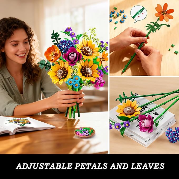 Wild Flowers Bouquet Building Set with Lights - 912PCS Wildflower 18 Botanicals Collection Building Blocks Sunflower Rose Plants Home Decor Easter Gift for Her Mom Women Adults Girls 12+