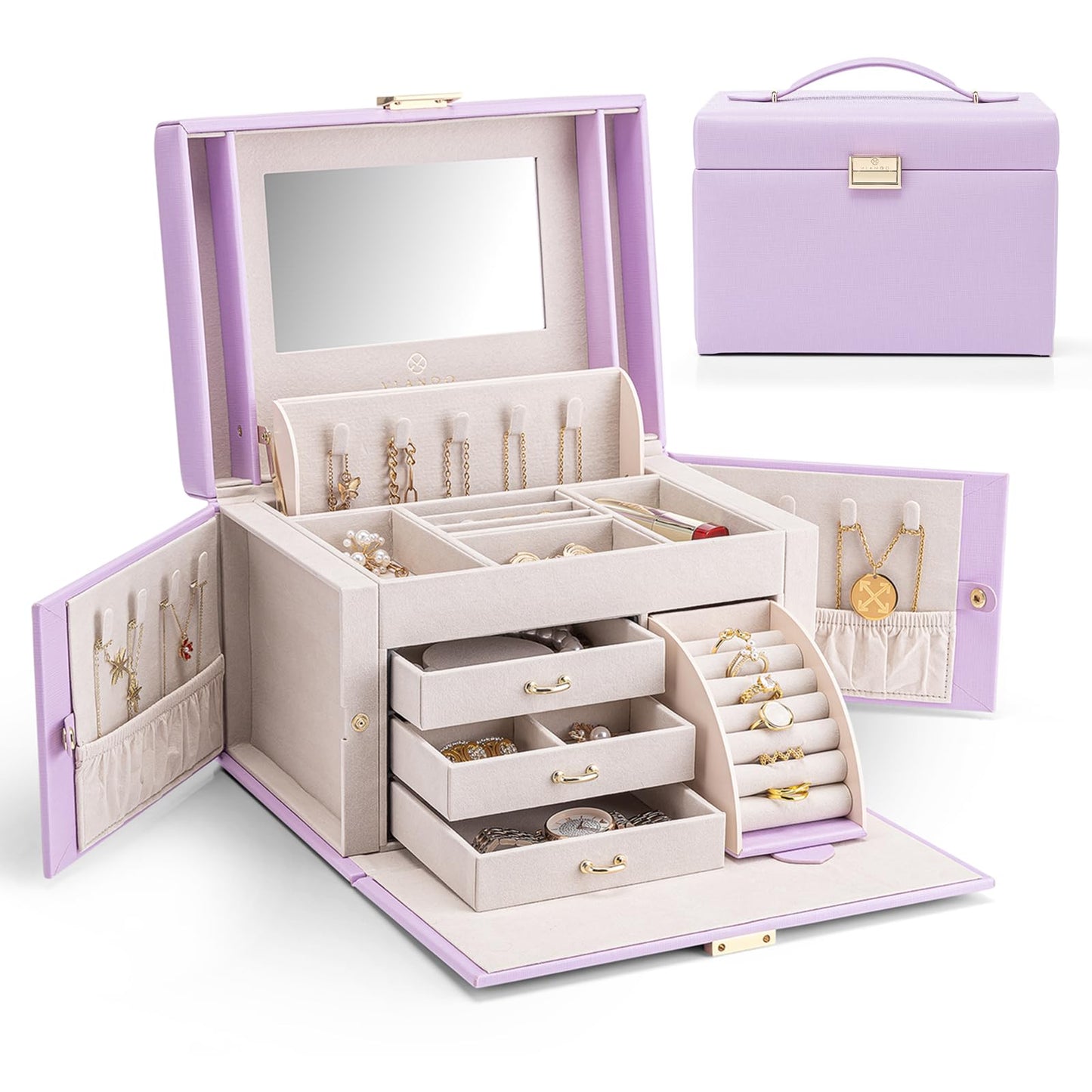 Vlando Mirrored Jewelry Box Organizer, Leather Jewelry Storage Case, Necklaces Earrings Rings Brackets Box Holder, Purple