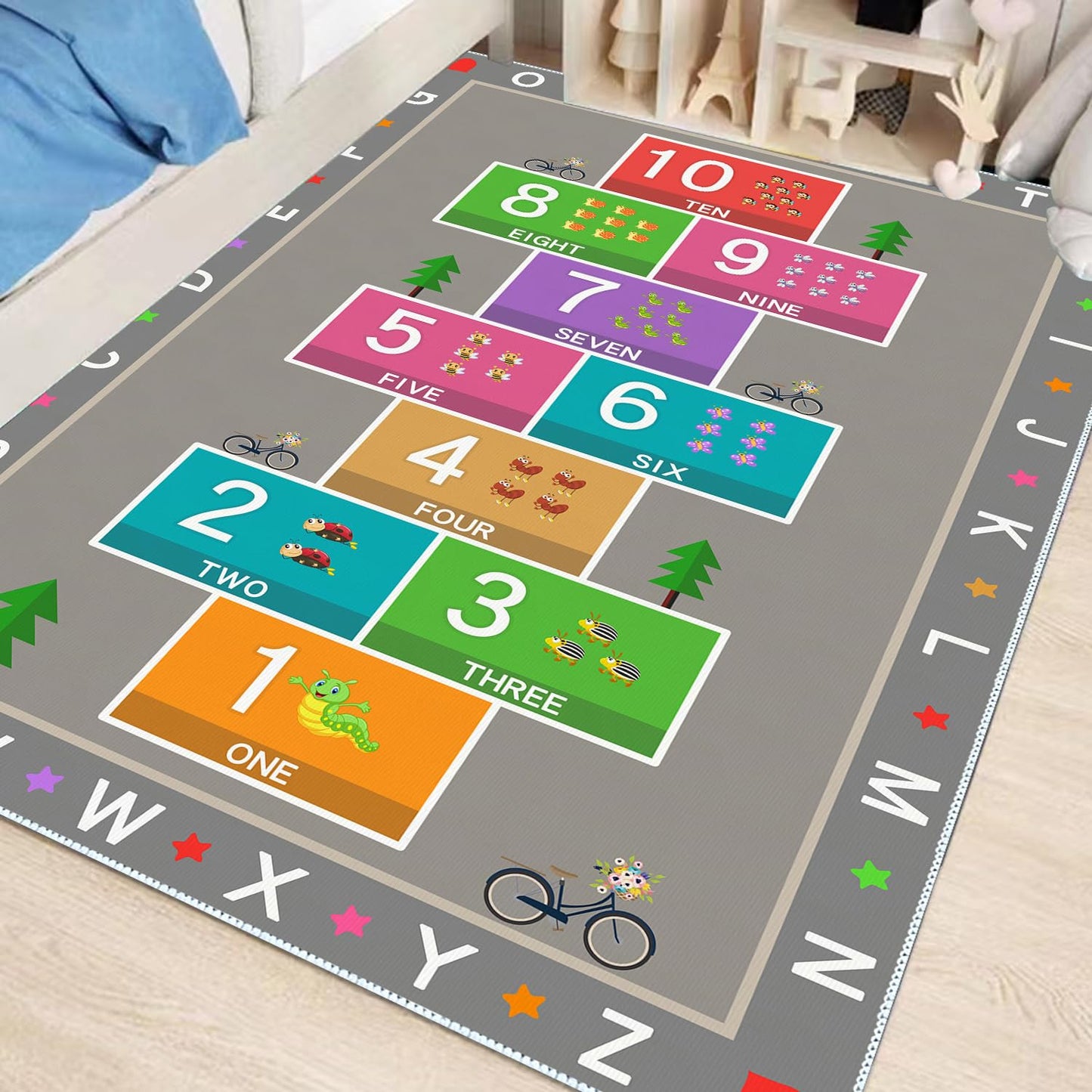 YLZLDKH Hopscotch Play Rug Carpet for Kids, ABC Alphabet Number Educational Rug, Children's Counting Game Mat for Playroom, Classroom, Bedroom and Nursery (Grey, 47x71 in)