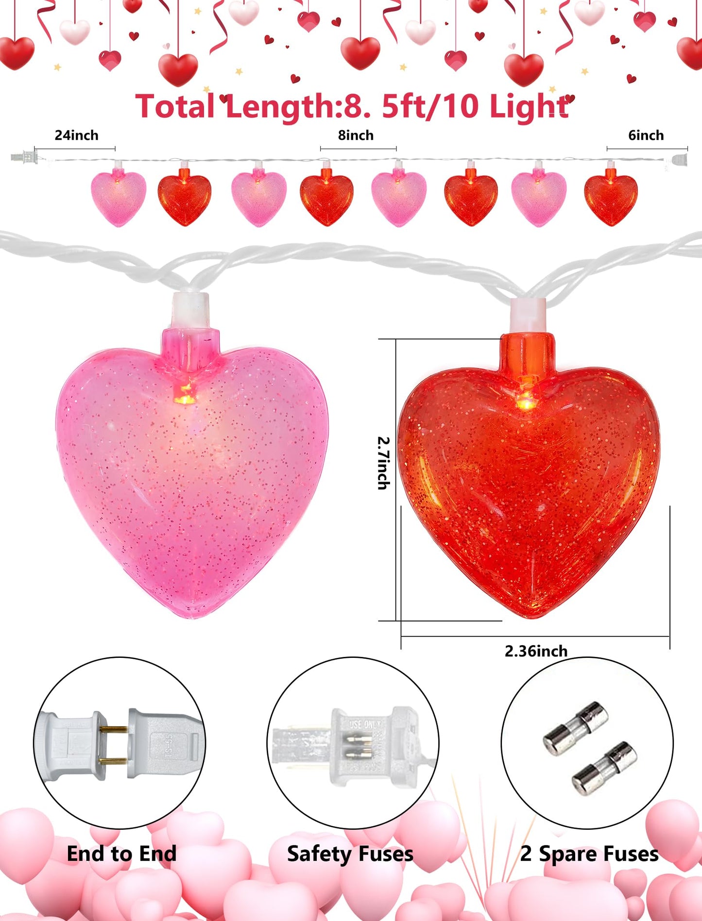 GOOTHY Heart String Lights, 8.5Ft Valentine's Day Decorations String Lights with 10 Pink and Red Heart Lights, Plug in Heart Fairy Lights for Bedroom Home Wedding Indoor Outdoor Valentine's Day Decor