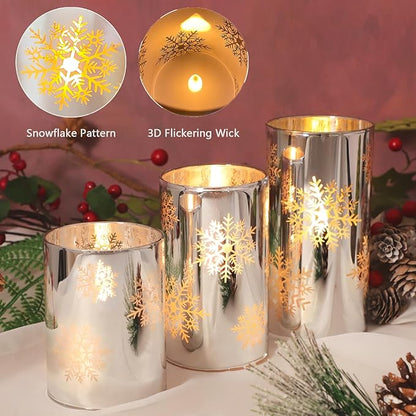 Snowflake LED Flameless Candles with Remote and Timer, Electroplate Glass Candles Operated by Battery, Christmas LED Flickering Candles Decoration for Bedroom, Party, Wedding